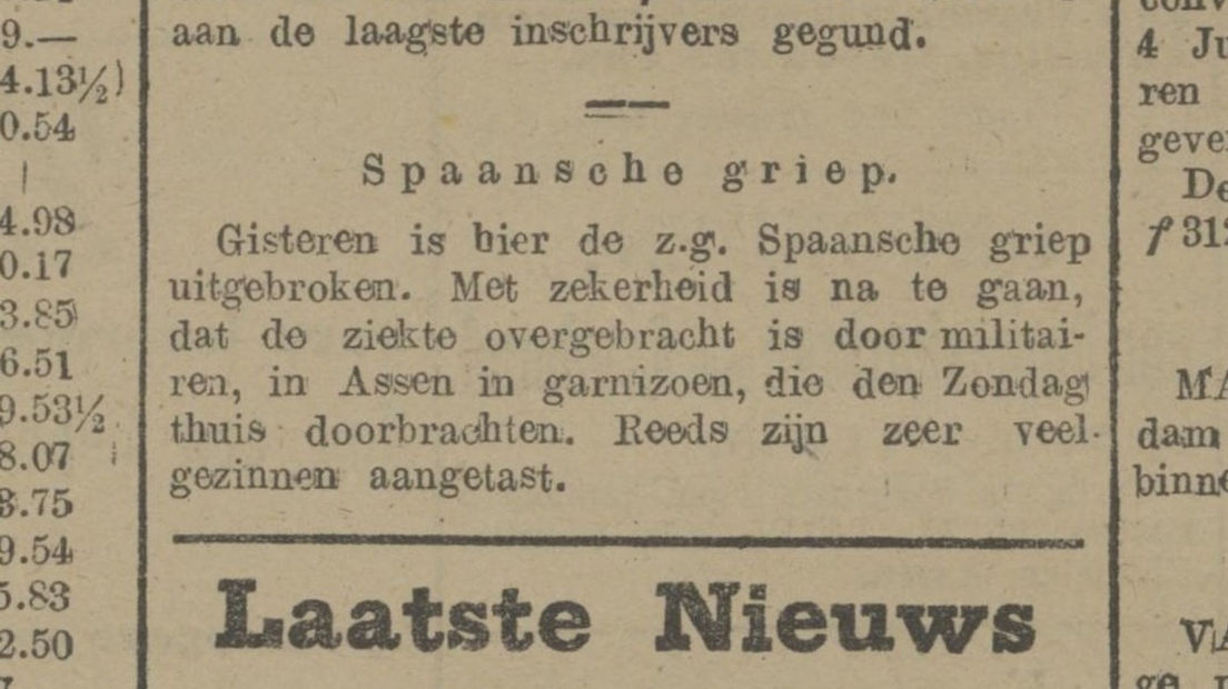 Een krantenbericht, 1918. Drenthe wordt hard getroffen door de Spaanse griep. (Beeld: Provinciale Drentsche en Asser courant)