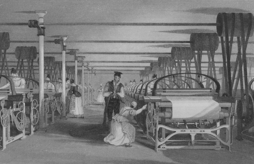 Een prent van een weefmachine in een fabriek in Groot-Brittannië, 1835. (Beeld: Sir Edward Baines)