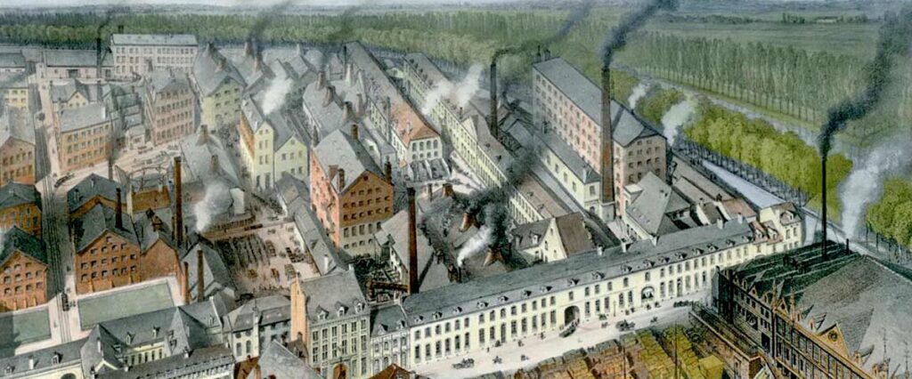 Het fabriekscomplex van P. Regout & Co. aan Boschstraat en Bassin in Maastricht, circa 1865. (Beeld: Archief Martin van der Weerden)