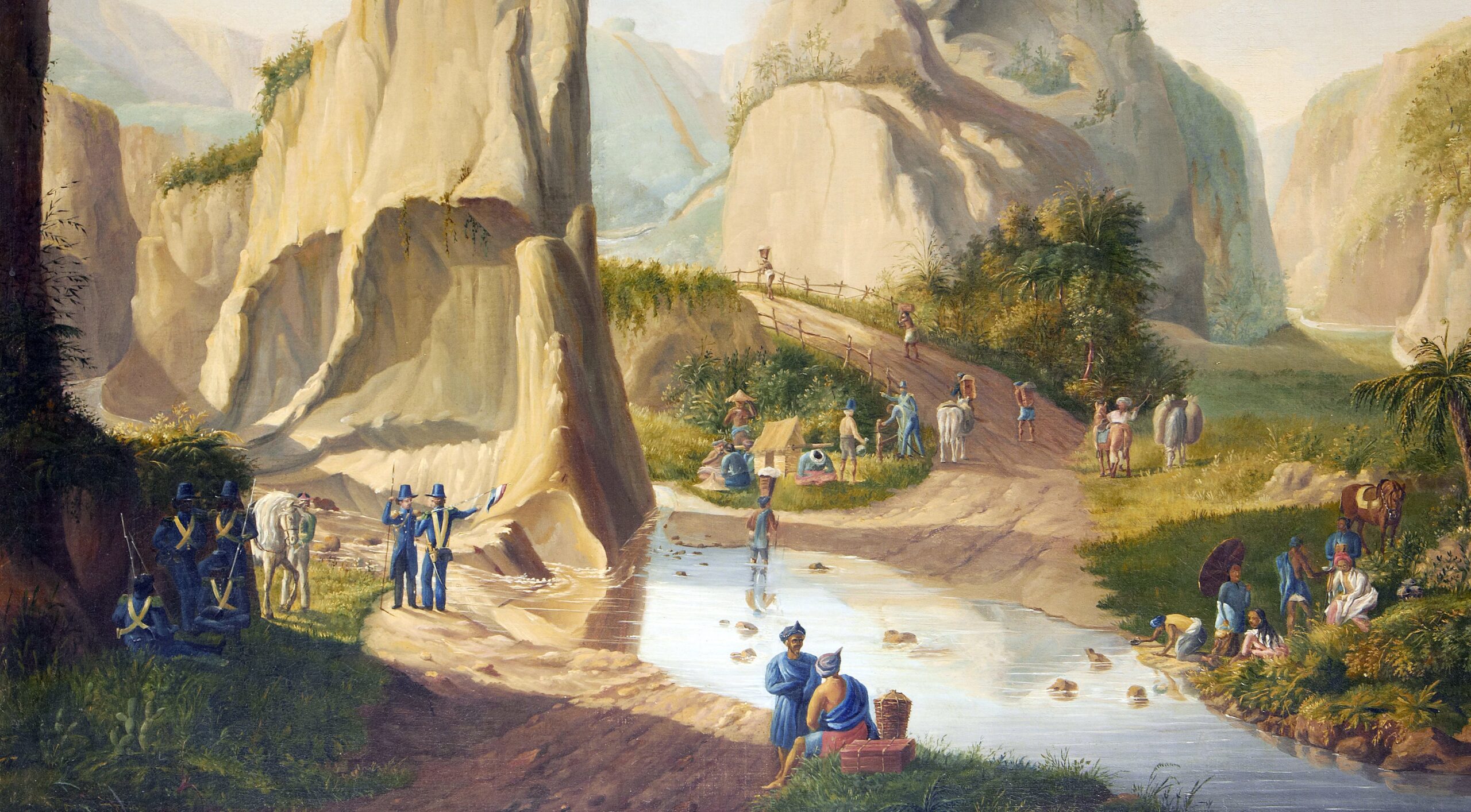 Schilderij van Indisch landschap met soldaten van het KNIL, circa 1860. (Beeld: Raden Saleh)