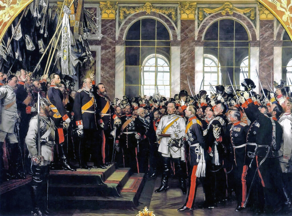 Schilderij van Anton von Werner over het uitroepen van het Duitse keizerrijk in de Spiegelzaal van Versailles, 1871. (Beeld: Museen Nord)